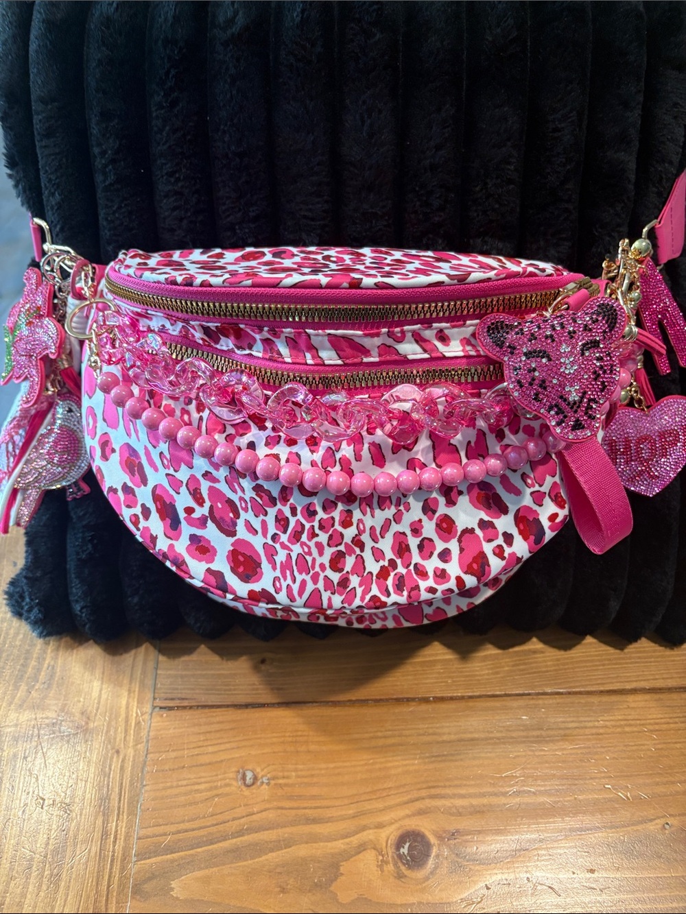 Pink Leopard Print Beaded Crossbody Belt Bag